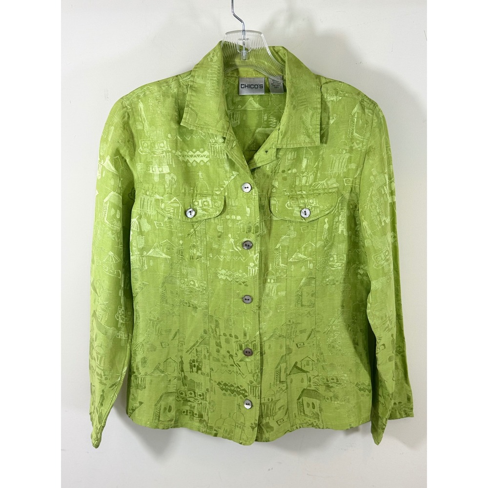 Chico's Linen Silk Shirt Women's 0 Green Abstract Print Boho Art Jacket
